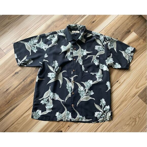 Tommy Bahama  100% Silk Black Floral Button Front Hawaiian Shirt Mens Size Mediu - Picture 1 of 9